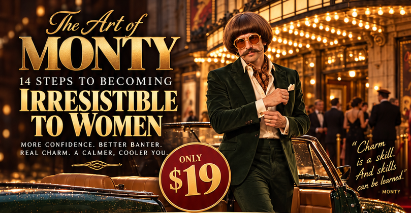 Monty in a green velvet suit outside the theatre, with The Art of Monty $19 guide headline