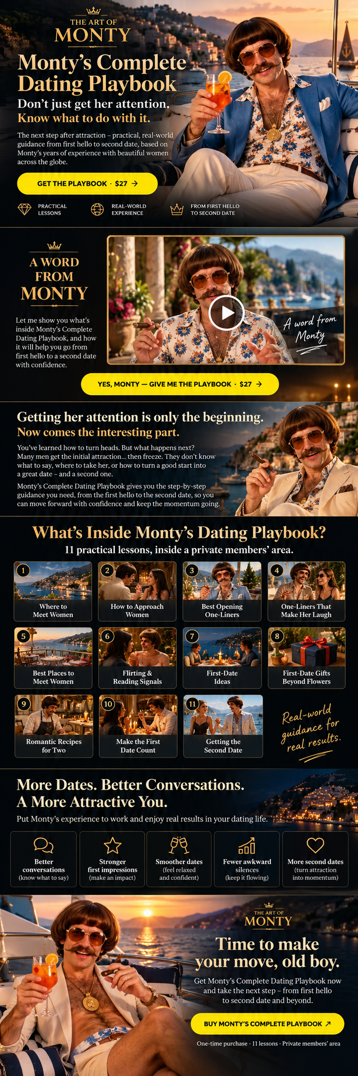 Original approved blue and gold Monty's Complete Dating Playbook sales artwork, showing Monty, his video, eleven illustrated lessons, a yacht and yellow buttons.