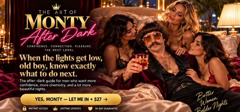 The original approved Monty After Dark bedroom sales artwork: headline, Monty in bed with beautiful women, and the first offer button