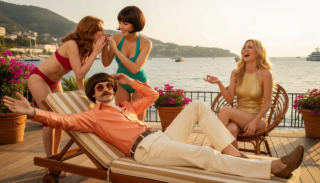 Monty relaxing with friends in the illustration for How to Flirt With a Woman at a Party Without Making Things Awkward