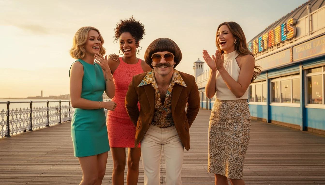 Monty grinning in his sunglasses with three women on a sunny seaside promenade