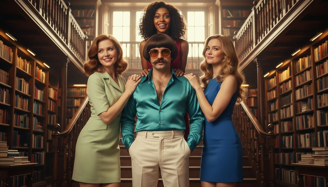 Monty in his trademark sunglasses and teal shirt with three women inside a grand library