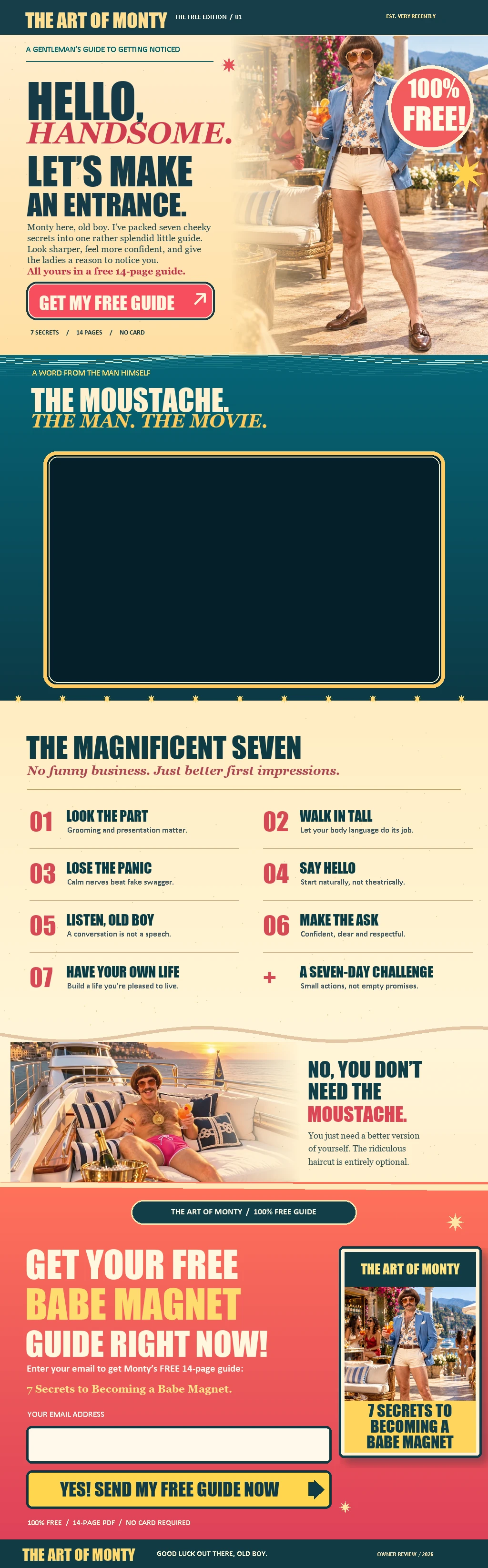 A single illustrated Riviera-style Monty sales poster, with his real blue-jacket pose, free guide headline, seven practical secrets and a separate yacht portrait. The video and guide request are interactive.